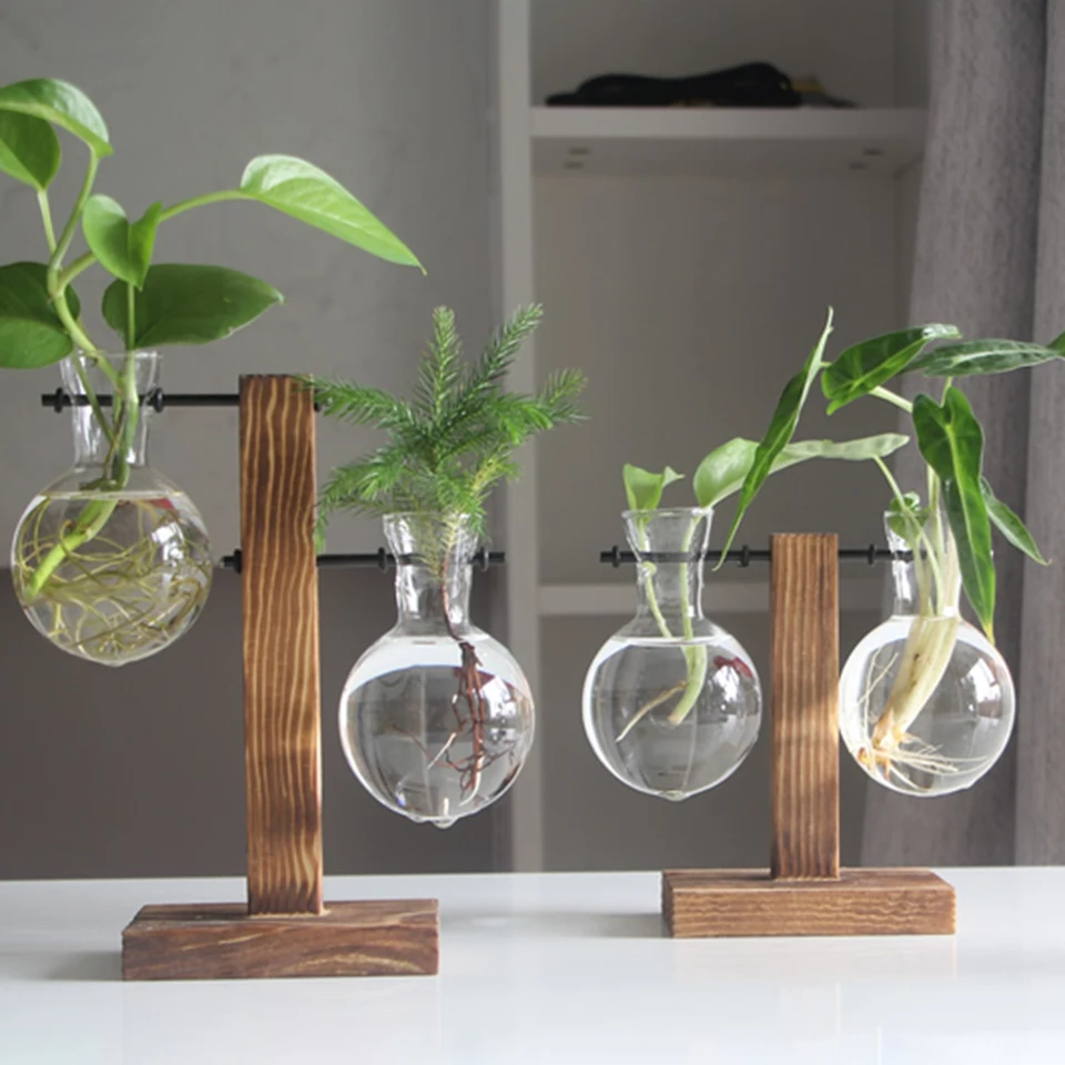 Bonsai Flower Pot s drevenými stojanovými rastlinami propagačná stanica žiarovka sklenená hydroponická rastlinná váza domáca záhrada Office dekorácie