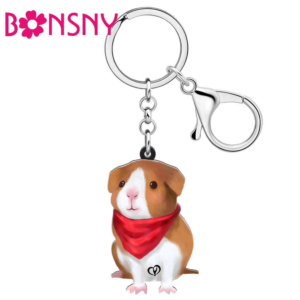 Bonsny akrylové roztomilé červené šatky škrečky Kľúč Cahian Pet Animals Keychains Key Key Rings Car Bag Charms šperky pre ženy darčeky pre deti