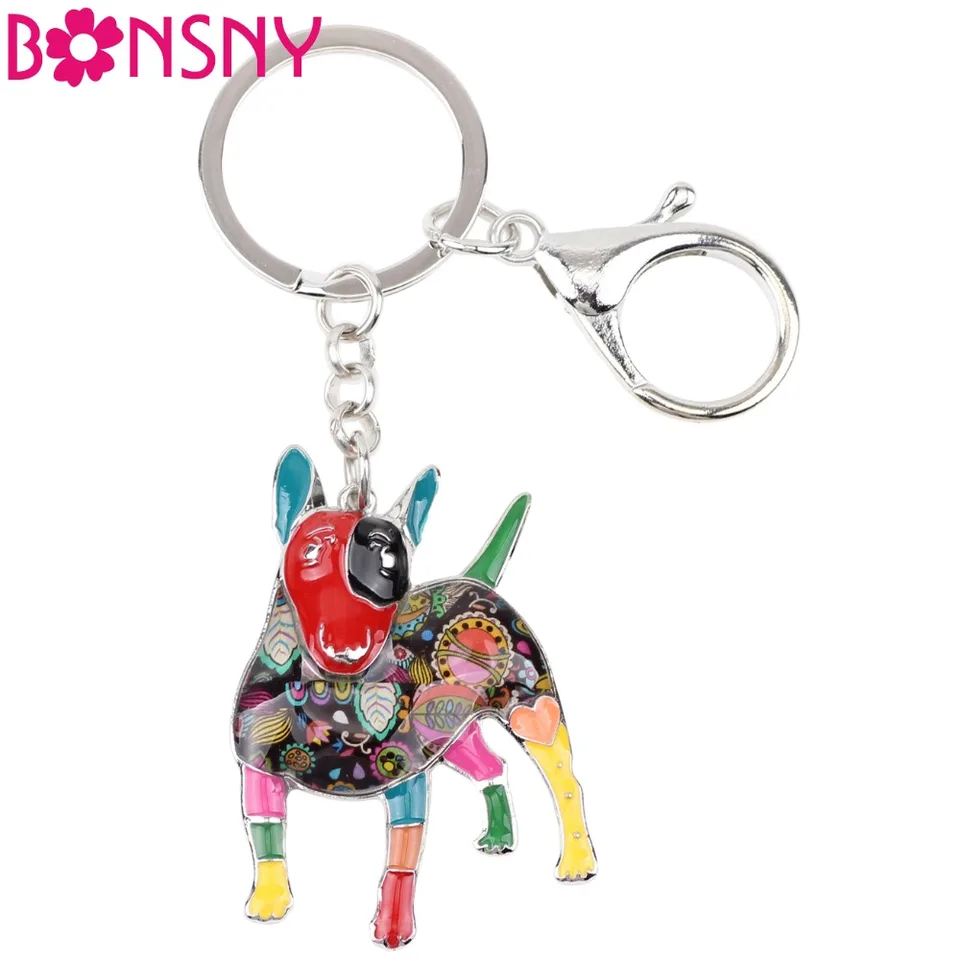 Bonsny ENAMEL BULL TERRIER Kľúčový reťazec pre ženy kabelka prívesok Keychain Key Ring Automobilové doplnky 2017