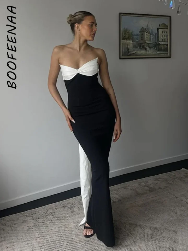 BOOFEENAA Čierna a biela patchwork búrka Elegantná párty backless maxi šaty dámske večerné šaty C83-DB34