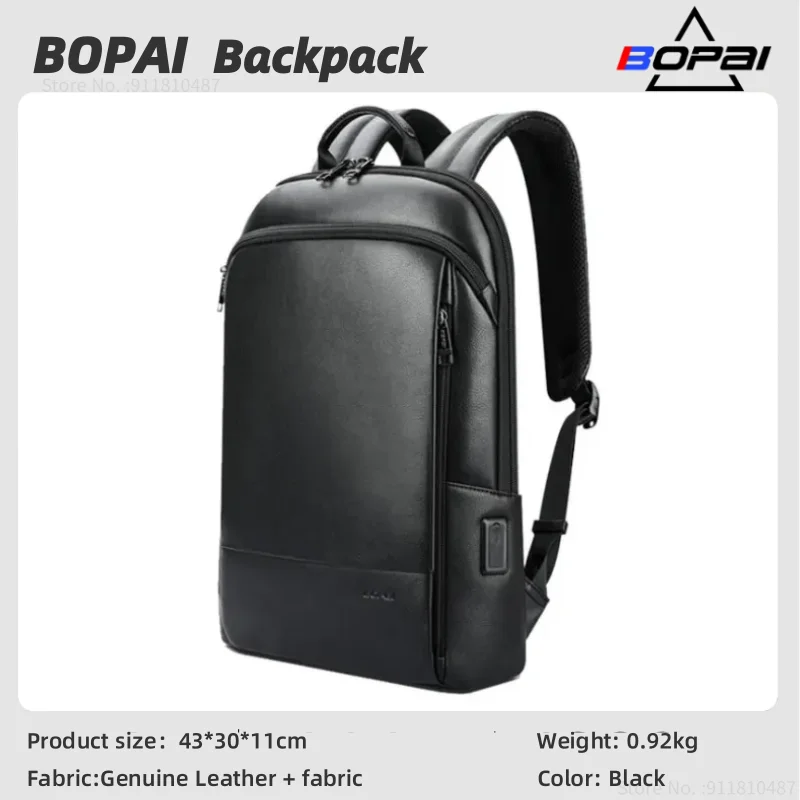 Bopai Men Originálny kožený batoh 100% prírodné cowhide tenké tenké cestovanie po prenosné prenosné batoh USB batoh USB poplatok proti krádeži