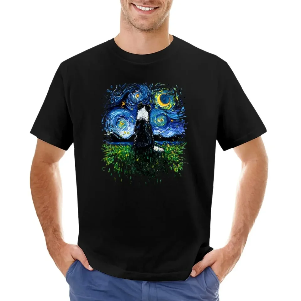 Border Collie Back Starry Night Impressionista Dog Aja Art T-Shirt Sweat Sweat Nadmerne Vintage Plain čierne tričká Men