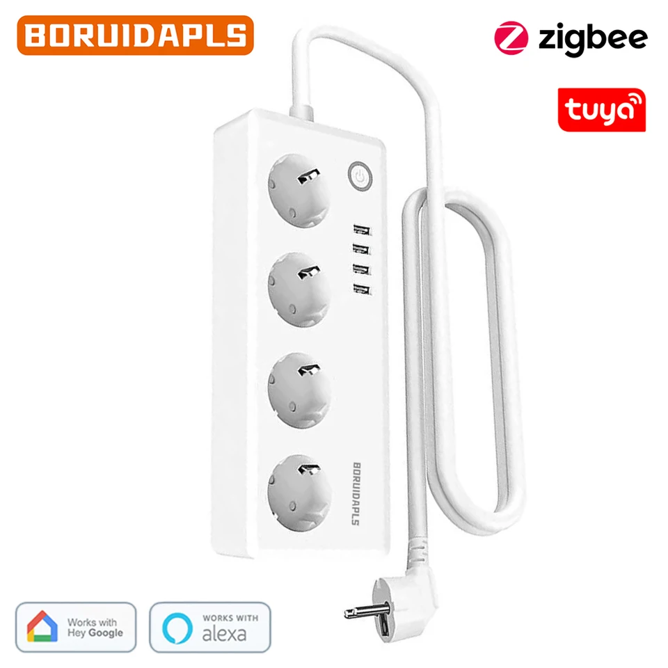 Boruidapls Tuya Zigbee Smart Power Strip Extension Cord Eu Socket Voice Diaľkové ovládanie funguje s domom Google Alexa Hu-e 4ac 16a