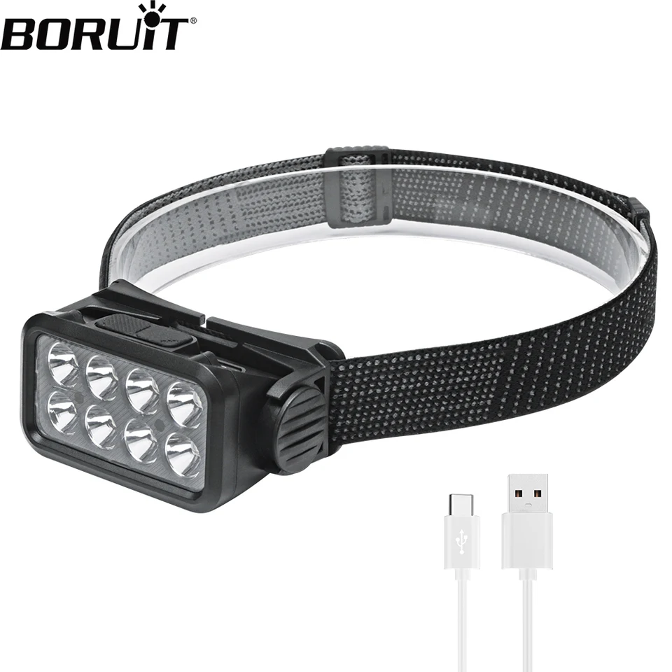 Boruit K354 Senzor pohybu LED svetlomety typu C Nabíjateľný výkonný vysoký svetlo vodotesná vodotesná hlava kempingové kempingové rybárske lucerny