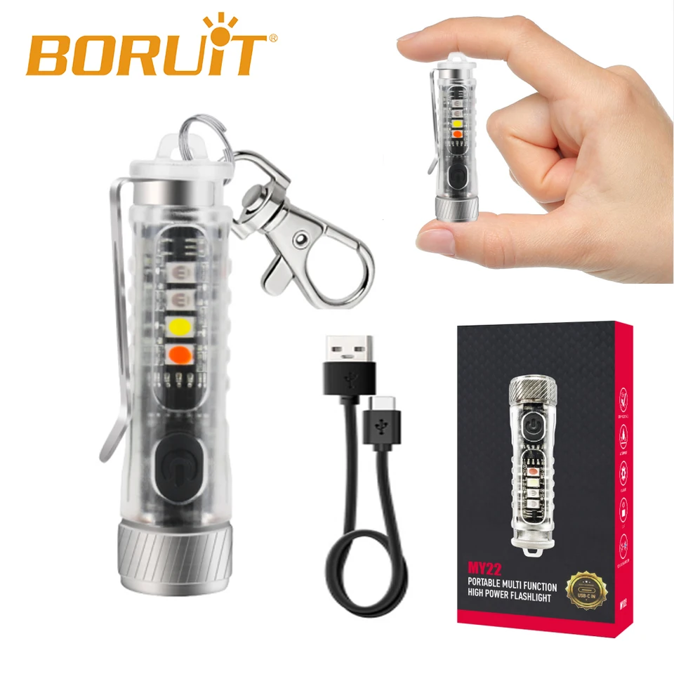 BORUIT MINI EDC LED LED KEYCHAIN ​​SLAKTÁRA TYPY-C Nabíjateľná baterka pre vonkajší rybársky kemping UV FLASE LIGHT Pracovné svetlo vrecka