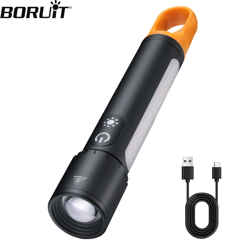 Boruit Outdoor Multifunkčná baterka 1000lm USB C Nabíjateľné kempingové svetlo Prenosné pochodne zoom s povodňovým svetlom bočného svetla