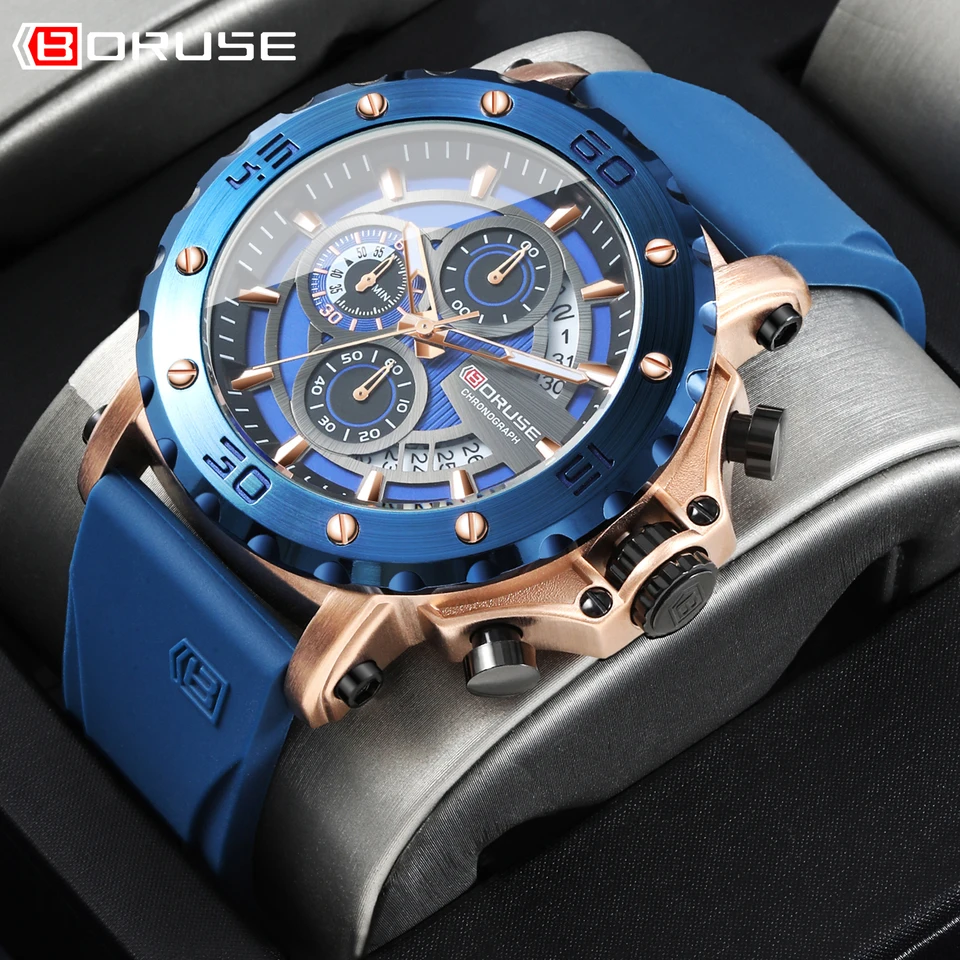 Boruse Blue Business Watches for Men Chronograph Silikone Quartz náramok náramkov