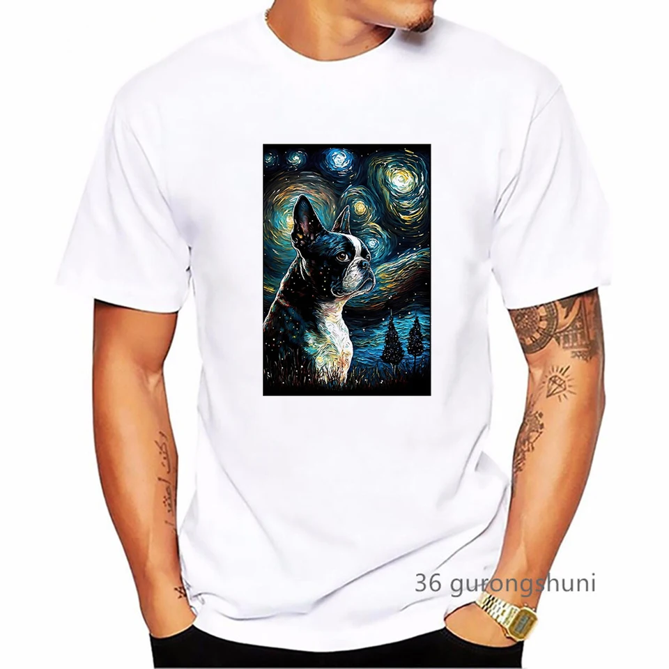 Boston Terrier Art Art Starry Sky Print T tričko Men oblečenie 2023 Cool White B je pre bostonské tričko Homme letné módne tričko