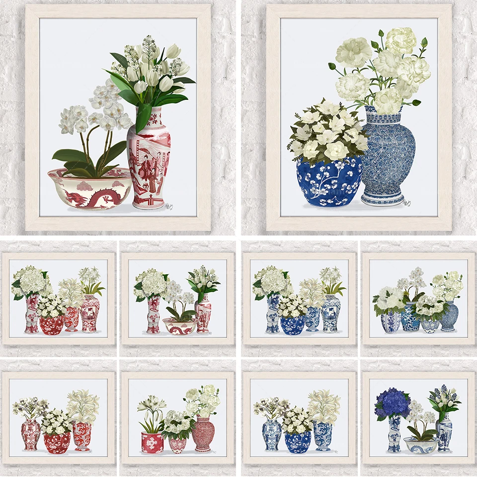 Botanický kvetinový umelecký plagát v čínskom štýle, červený, modrý a biely porcelán, čínska váza, pivonky s hydrangea orchidey, štýl Hamptons