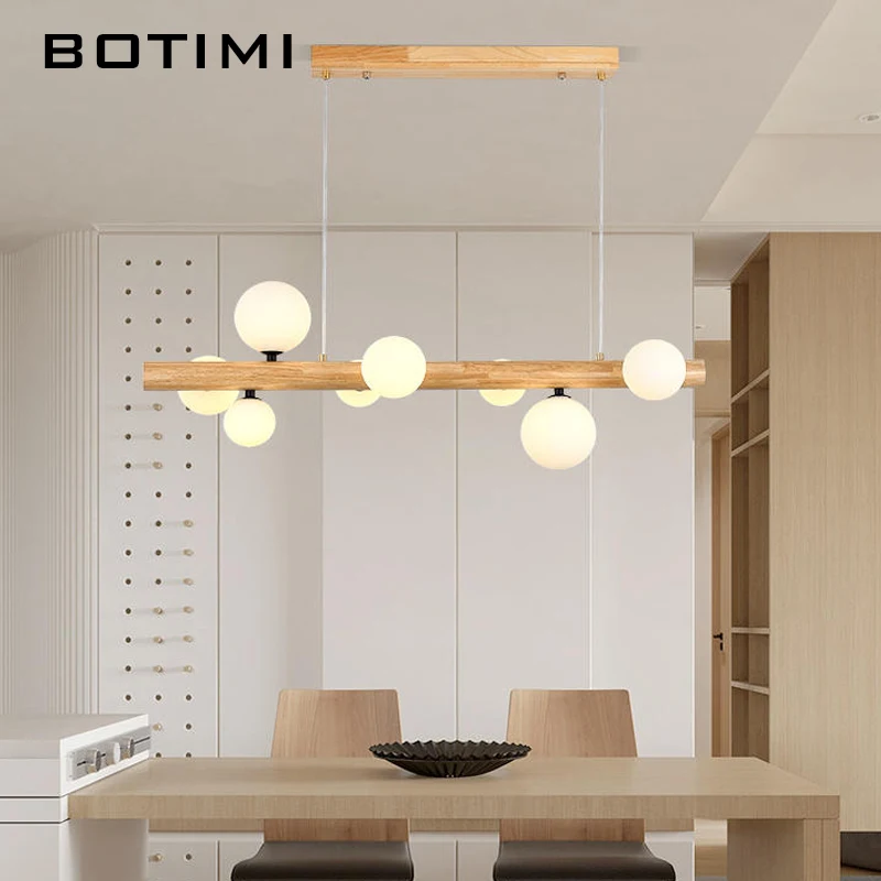 Botimi Drevené LED prívesok Svetlá pre jedáleň Round Glass Luster Drevená kuchyňa svietiareň ostrov Nordic Style Závesná lampa
