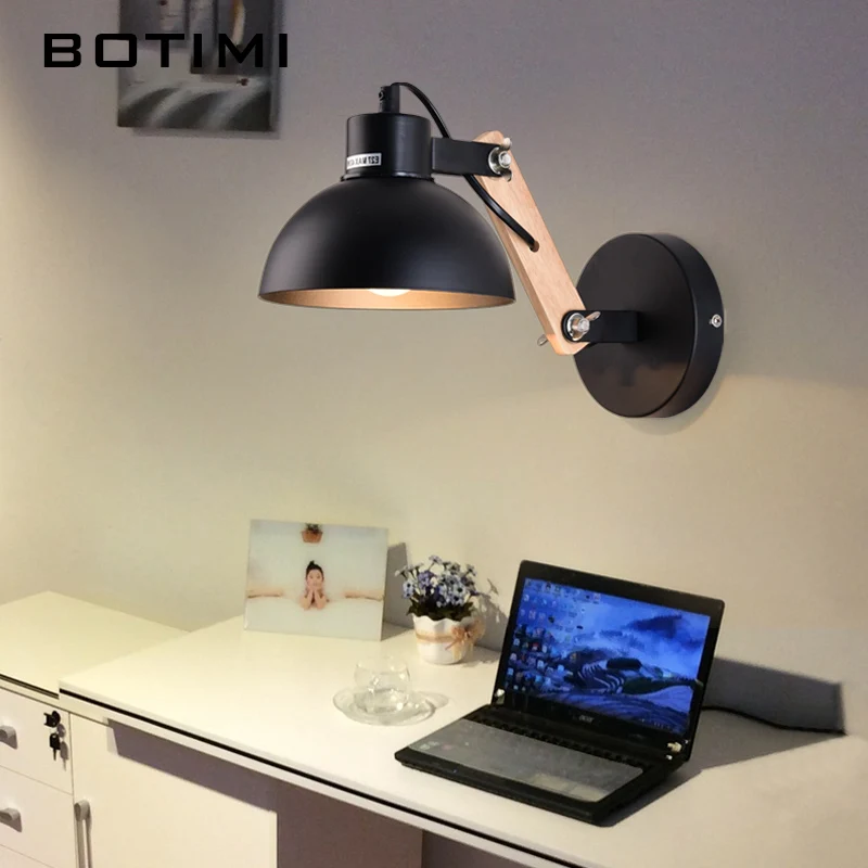 Botimi čierna kovová nástenná lampa Drevená stena Svätá nastaviteľná lampa na nočné svetlo biele svieži osvetlenie svietidla