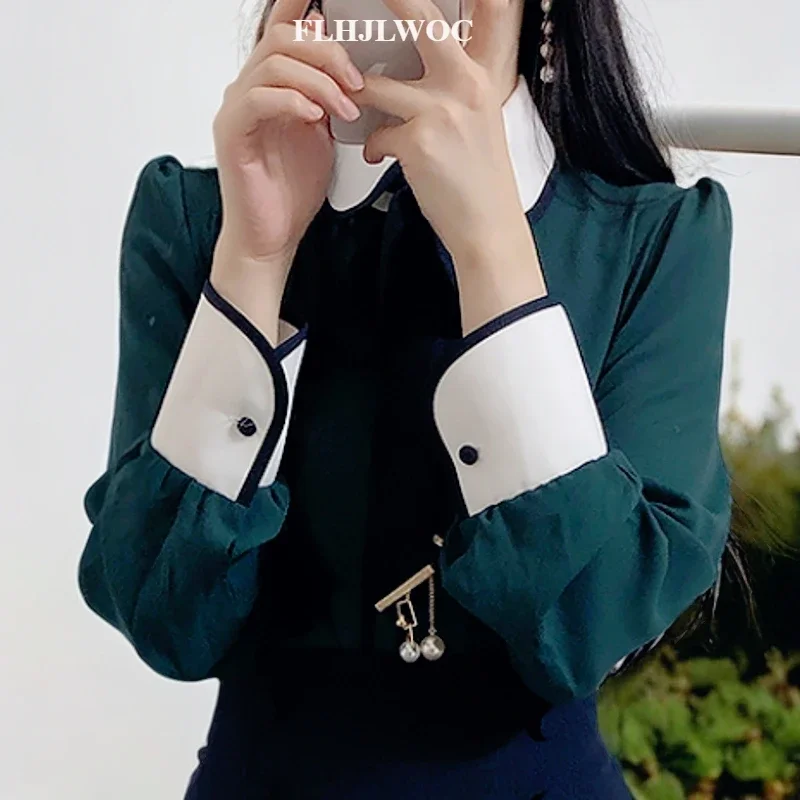 Bow kravaty Tops Cute Japan Mori Girls Nový rok prepravný štýl Y2K Patchwork retro vinobranie zelené šnurovanie formálne základné košele
