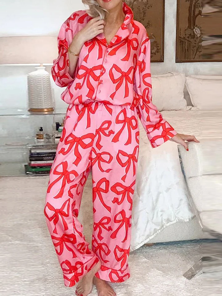 Bow Print Pajamas Set Y2K Grafické gombíky dole s dlhým rukávom Dlhé nohavice Dlhé nohavice Dámske salóniky