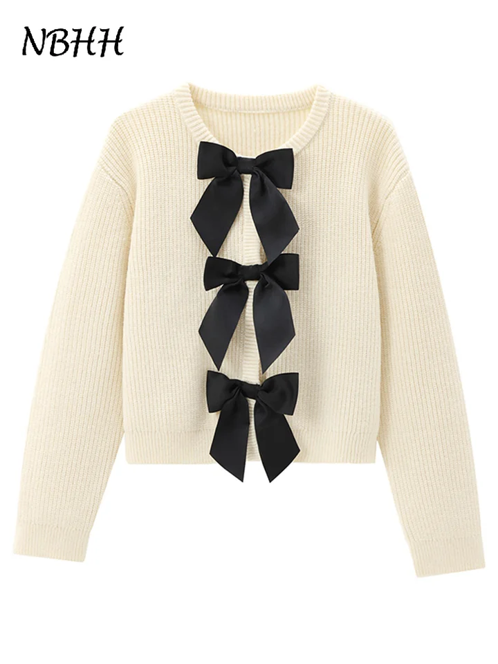 Bow rebbed pletené vesty pre ženy pre ženy s dlhým rukávom Biele sladké svetre ženy 2024 na jeseň zima Solid Cozy Lady Sveter