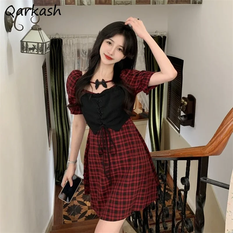 Bow Red Plaid Plaid s krátkym rukávom Mini šaty Ženy letné harajuku y2k oblečenie sladké roztomilé sexy sexy móda móda kórejský štýl neformálne nové nové