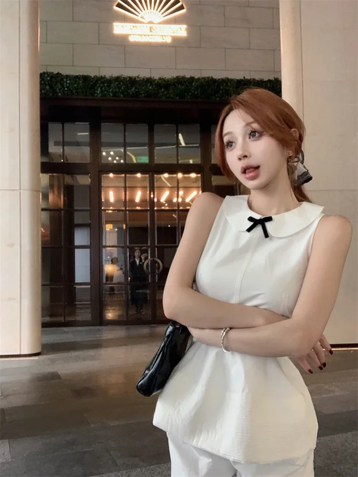 Bow Ribbon White Blúzka Elegantná roztomilá košeľa top s nohavicami 2 -dielnu Fairycore 2000s Y2K Kórejská estetická kawaii oblečenie Blusas