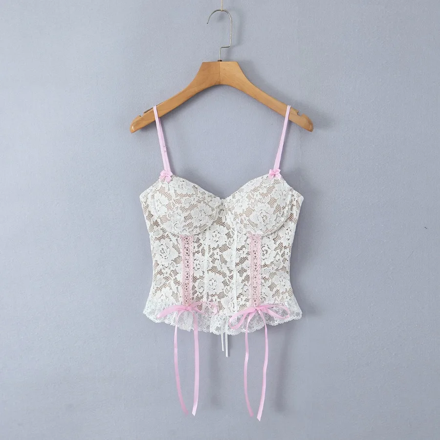 Bow sexy korzet top dámske čipky štíhle fit tričko kravata plodiny Camisole kvetinové krátke nádrže elastické kapela tričko retro y2k oblečenie