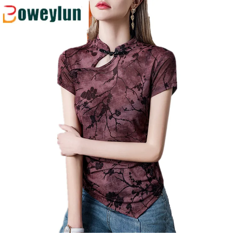 Boweylun New Cheongsam Collar Plum Blossom potlačte Bright Silk Mesh Top Women Krátke rukávy Tričko Summer leto