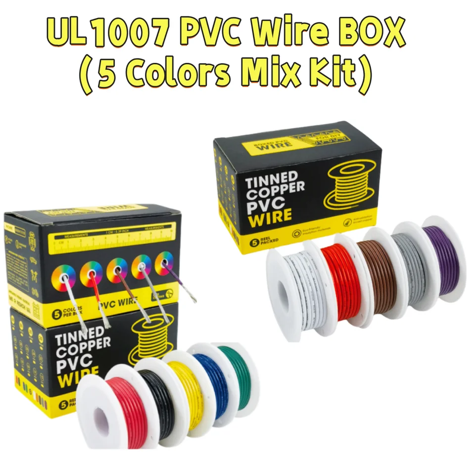 Boxed UL1007 PVC Izolácia Kanikovaný medený kábel （5 Colors Mix Kit） 28/26/24/22/22/18/16 AWG Stranged Electrical Wire PCB Elektrické vodiče PCB