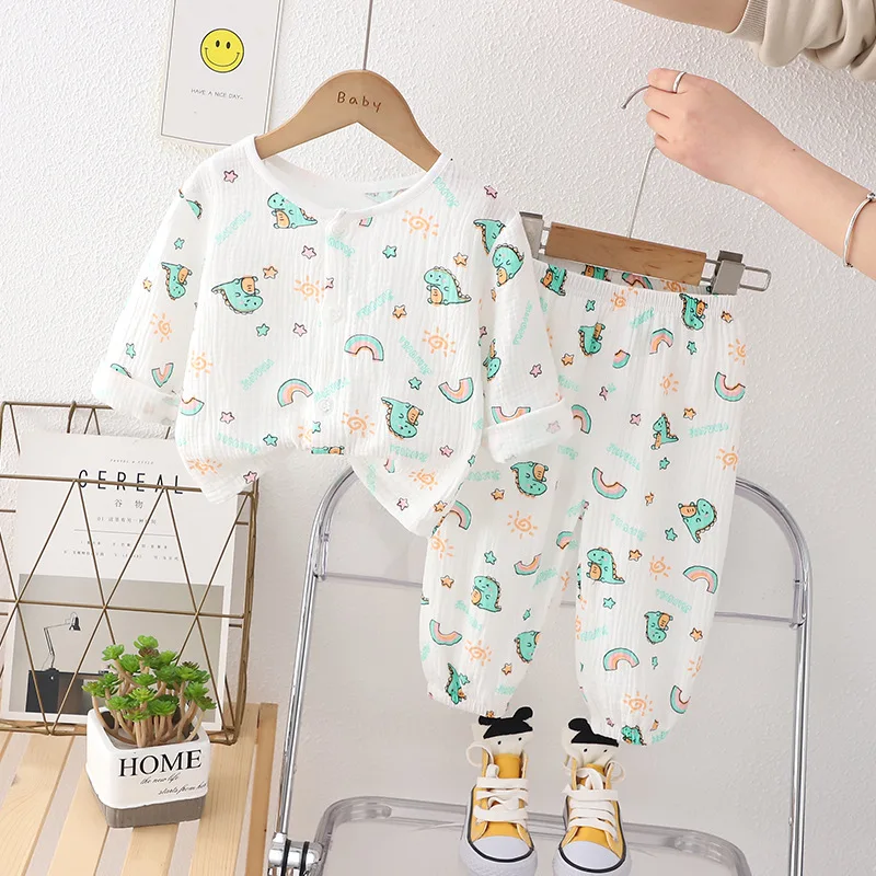Boys Girl Dvojitá gáza bavlnená klimatizácia batoľa deti Homewear pyžamy Kid Comfy New Sleepwear 2ks tenké jarné leto