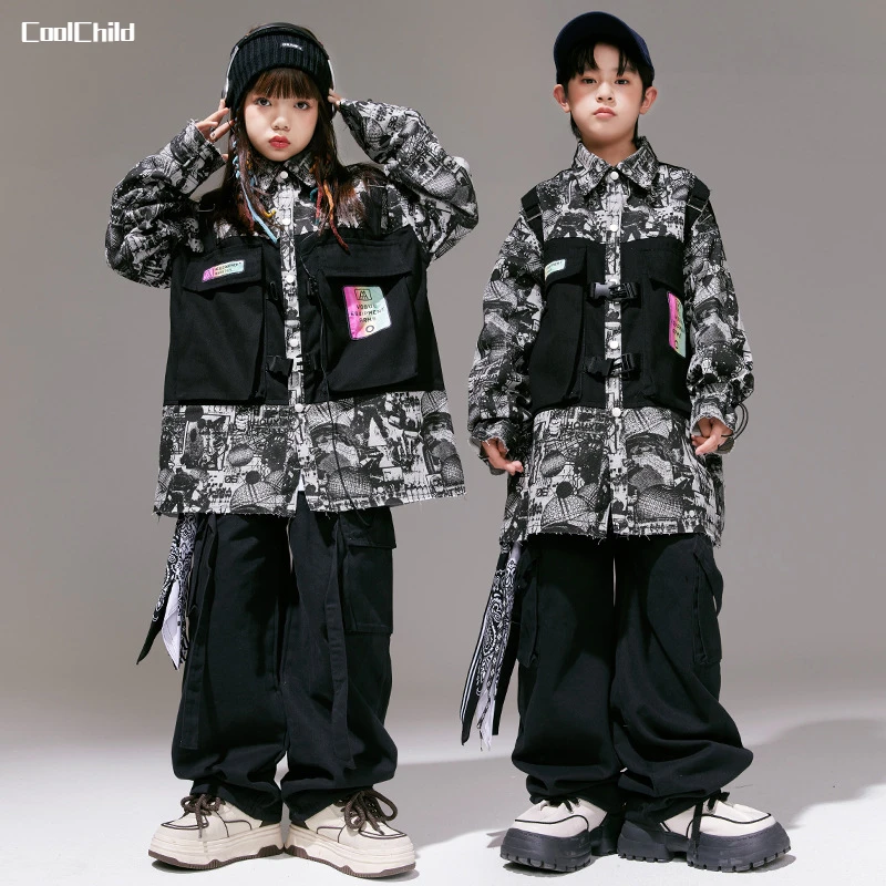 Boys Hip Hop Patchwork Graffiti bunda CARGO PANTS Dievčatá pouličný tanečný kabát oblečenia súpravy detské oblečenie detské jazzové kostýmy