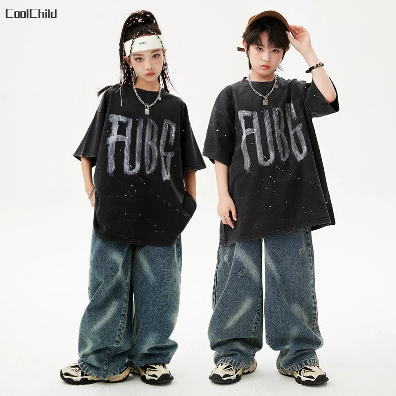 Boys Streetwear Street Dance Tlačené voľné tričká Džínsy Dievčatá Hip Hop Hop Cool Clothes Sets Detské džínsové džínsové nohavice oblečenie kostýmy