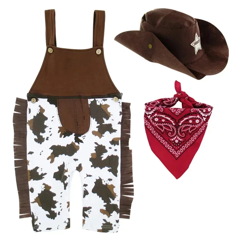 Boys Western Cowboy Romper súpravy so šatkou a klobúkom karnevalové šaty Cosplay Party Party Kostým dojčenské oblečenie