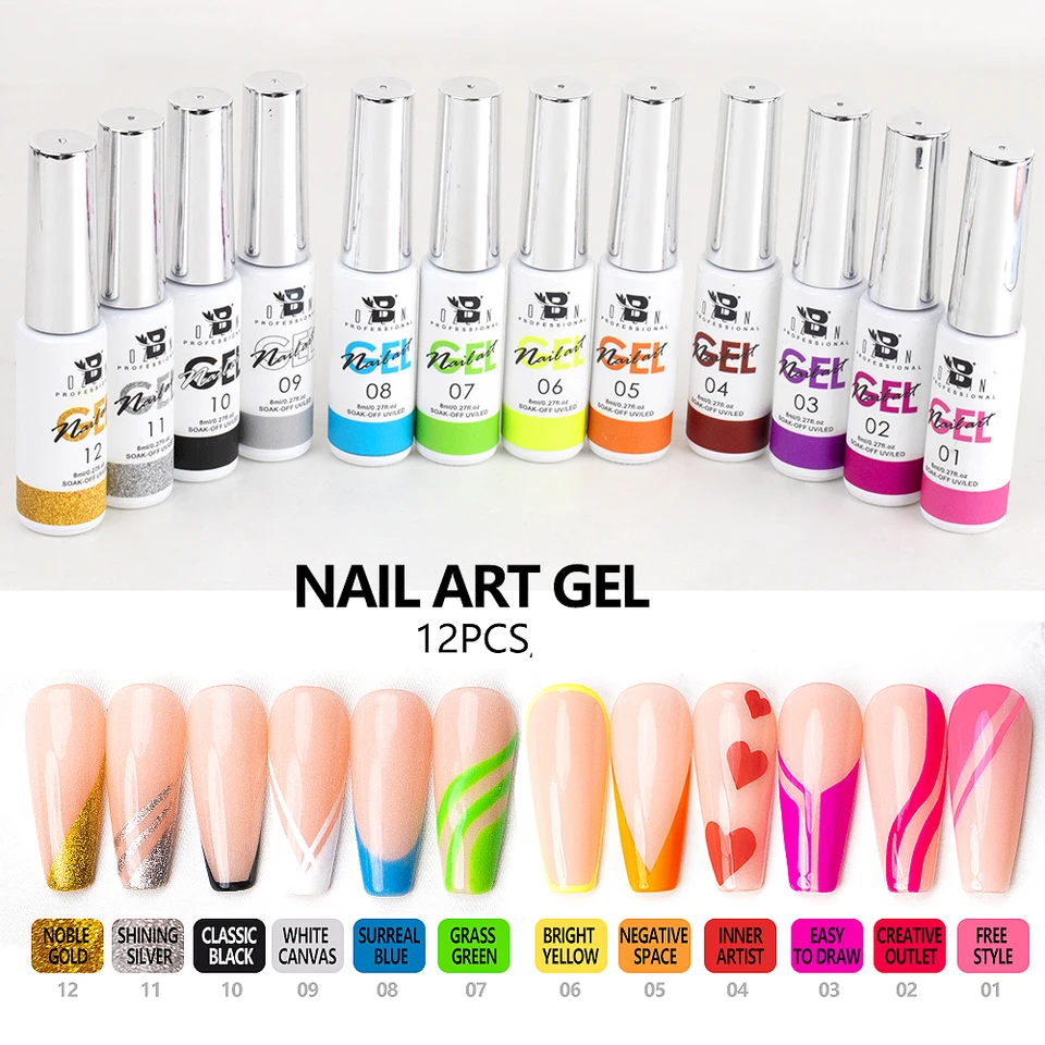 Bozlin 8ml nechtový art gél namočený z UV LED gél lak na nechty 12 farieb maľba gélové manikúra Nástroje DIY kreslenie dekorácie lak