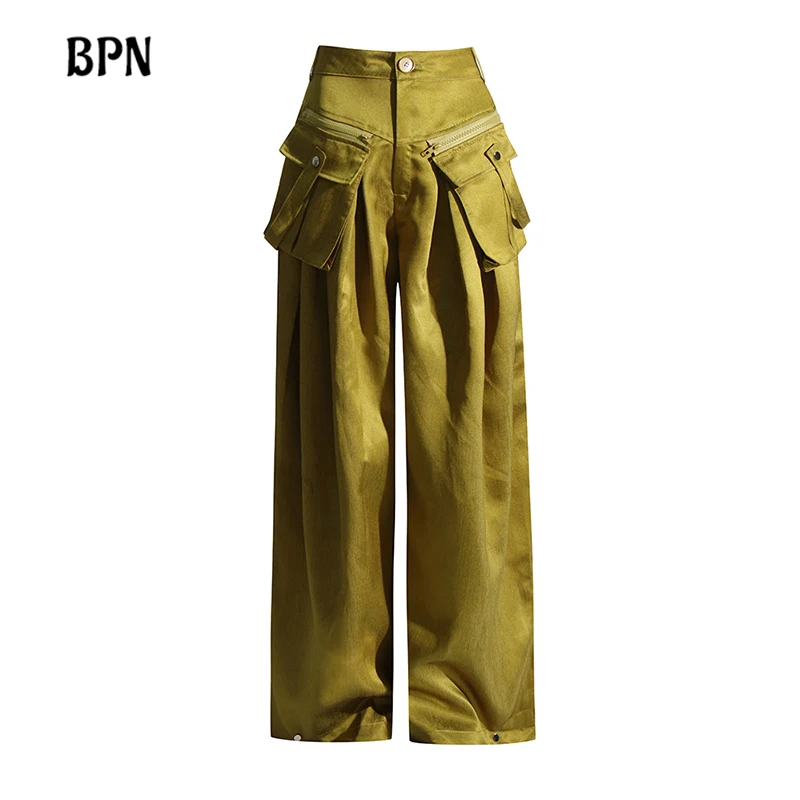 BPN Solid Patchwork Vrecká uvoľnené príležitostné nohavice pre ženy s vysokým pásom zostrihom gombíkom Minimalistické nohavice široké nohavice Ženská móda