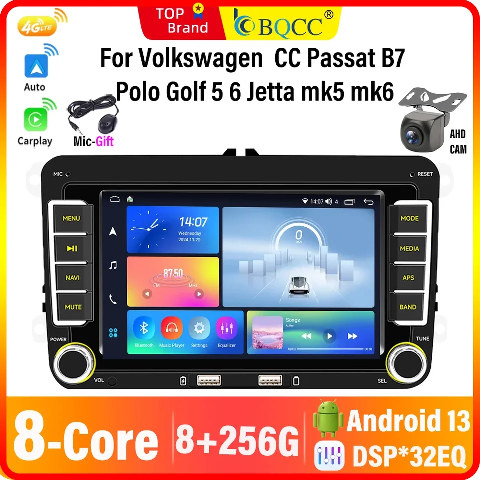 BQCC 2 DIN 7 '' pre Volkswagen CC Passat B7 Polo Golf 5 6 Navigačný automobil Rádio CarPlay Android Auto WiFi GPS RDS AUB AUDIO AUDIO