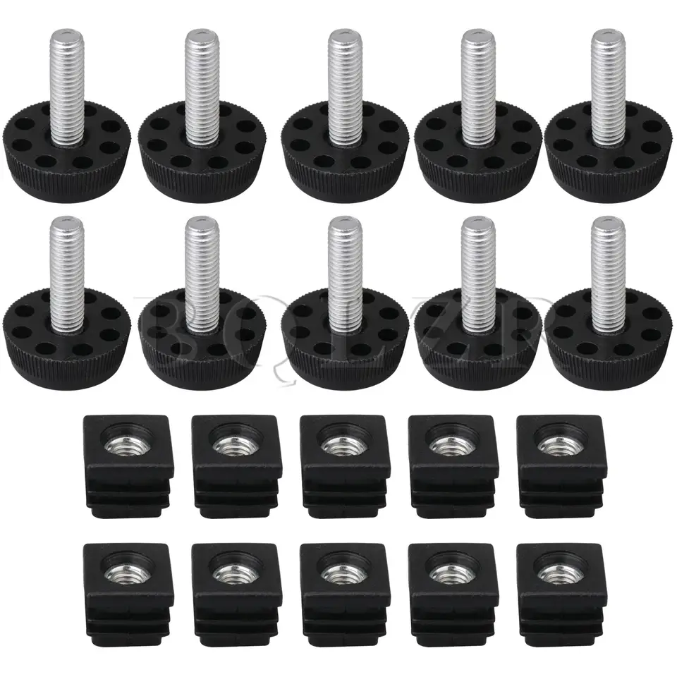 Bqlzr 20mmx20mm m8 závit Čierny plastový nábytok stoličky nohy Plugové koncové uzávery vložte zástrčky s nastavovacími nohami balenie po 10