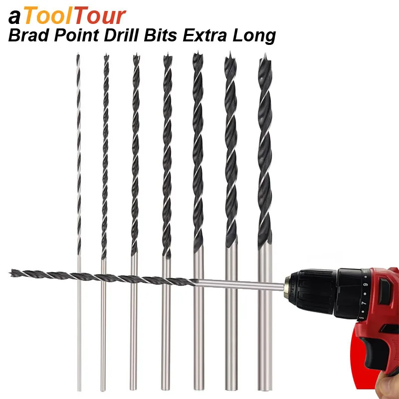 BRAD Point Bit Bit Set Extra Long 300 mm stredný lokalizácia Twist Warbon Ocel Woodworking pre preglejku z preglejky z tvrdého dreva Plastový hliník