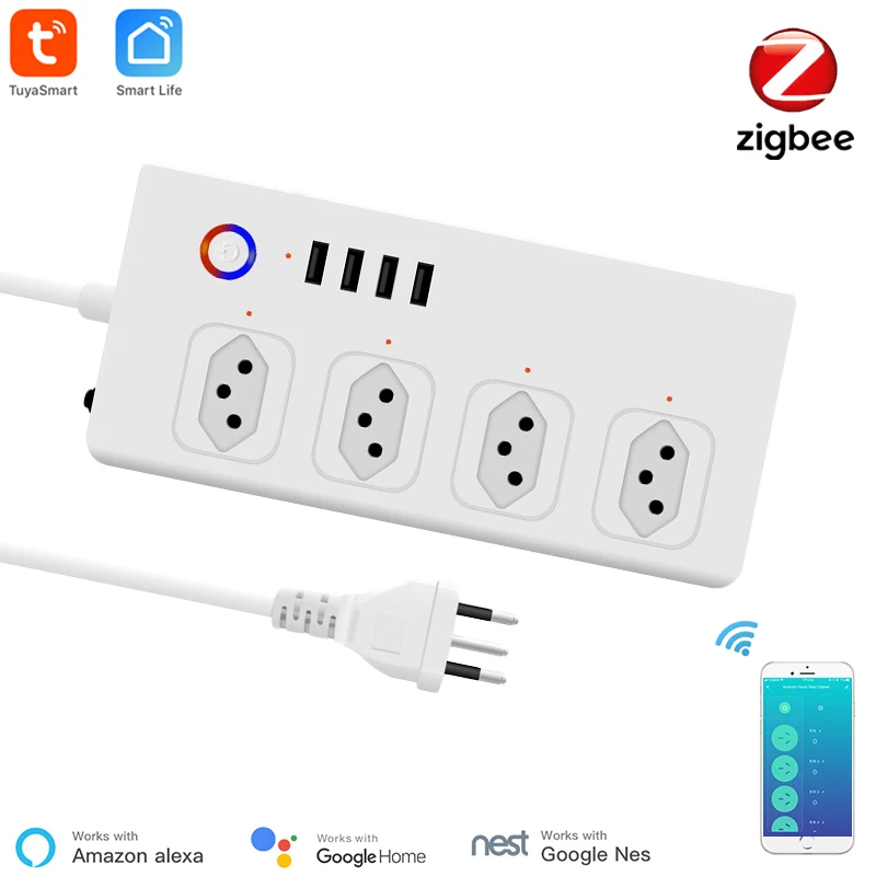 Brazília Smart Zigbee Power Strip, Tuya WiFi/Zigbee Outlet 4 Plugs 4 USB port, individuálne ovládanie, spolupracuje s Alexa Google Home