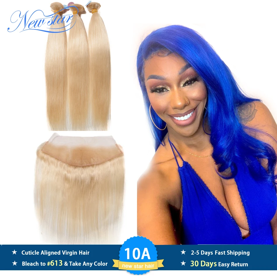 Brazílsky 613 Rovné vlasy 3 zväzky s frontálnymi 100% novou hviezdou Remy Hair Honey Blonde Human Huan Hair a Uzavretie 13x4