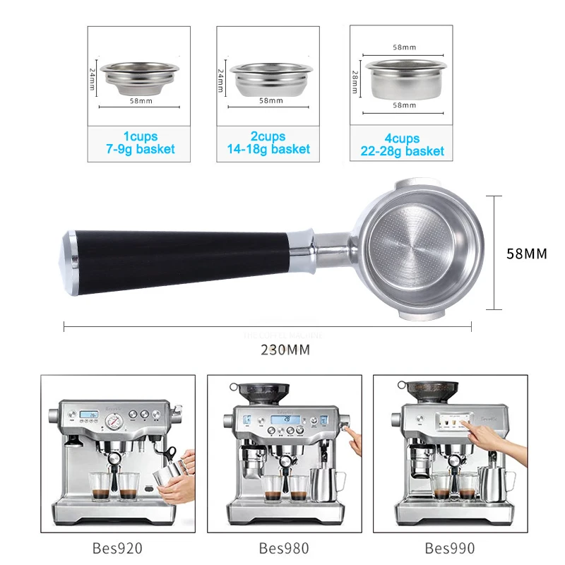 Breville 58 mm BES900/920/980 Filter Coffee bez dna Portafilter Výmena filtra z nehrdzavejúcej ocele
