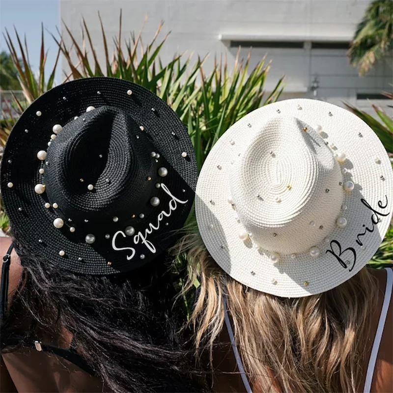 Bride Squad Pearls Sun Hat Wedding Cowboy Bachelorette Hen Party Svadobná sprcha Dievčatá výlet dekorácie Družička