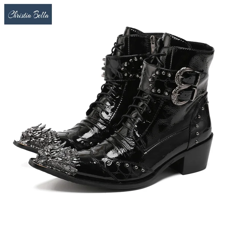 Britské kovové špicaté prsty na špičke NIVET LACE UP Zipper krátke topánky Business topánky Muž skutočné kožené punkové rockové členky
