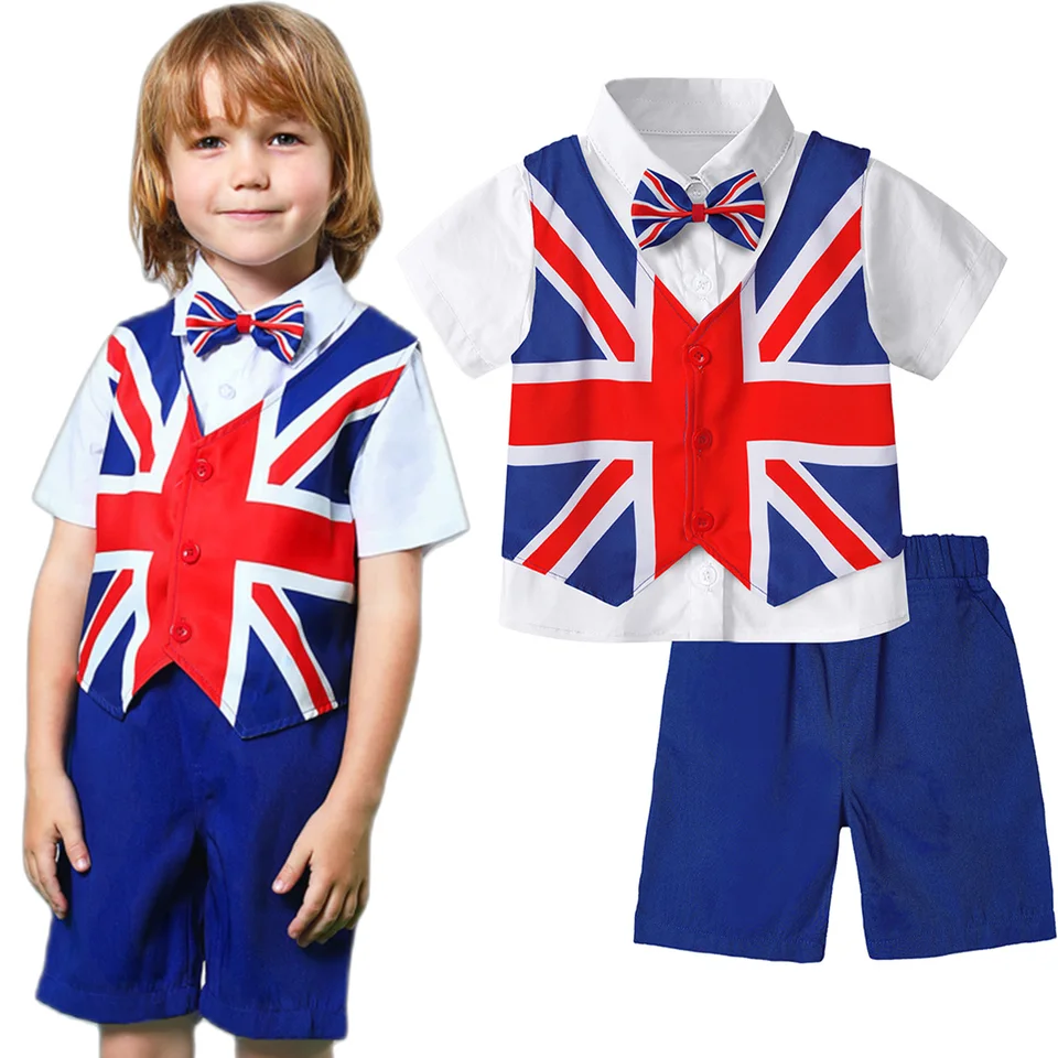 Británia Flag Suit For Boy Toddler England Ceremony Outfit Detské formálne oblečenie Gentleman Set Patriotic s krátkym rukávom 3ks