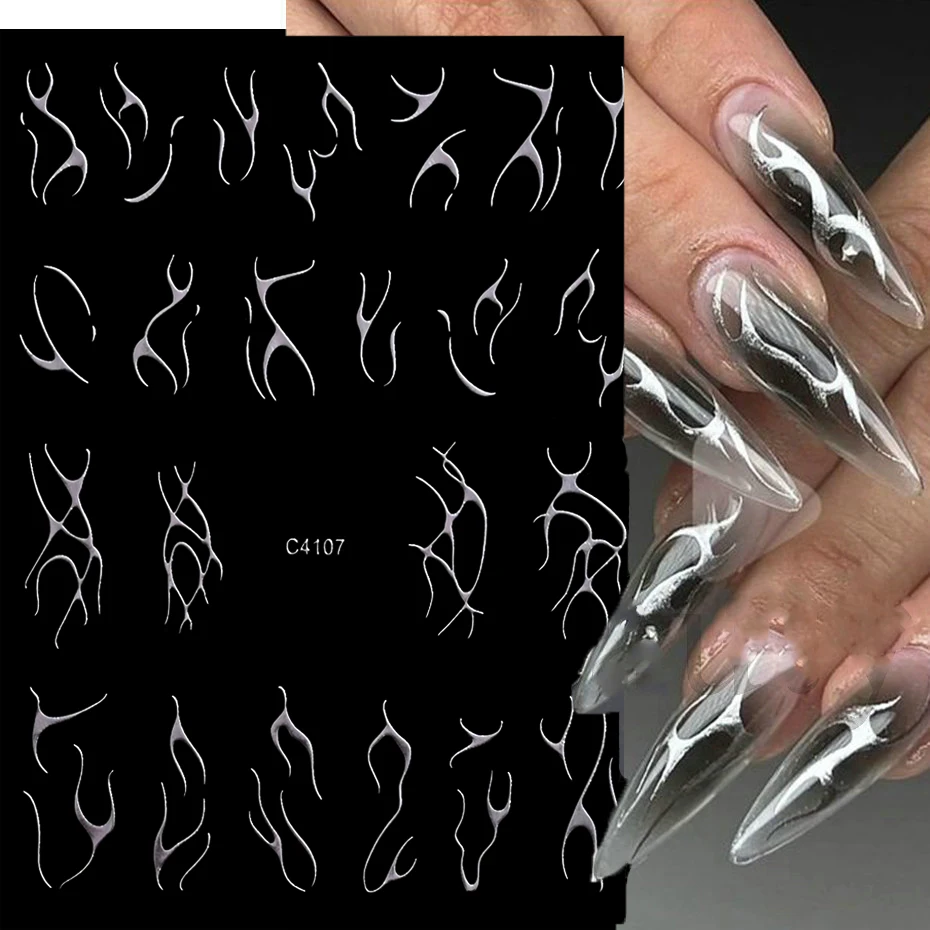 Bronzing kovový zlatý strieborný plameň 3D nálepky na nechty Y2K Tribal Fire Design francúzsky nálepka s zvlneným líniou Holographic Flame Slider