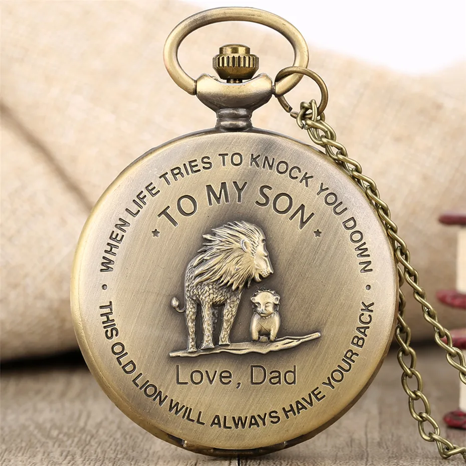 Bronzový levový vreckový hodinky Quartz náhrdelník retiazka k môjmu synovi Love Dad Design Pendant Watch