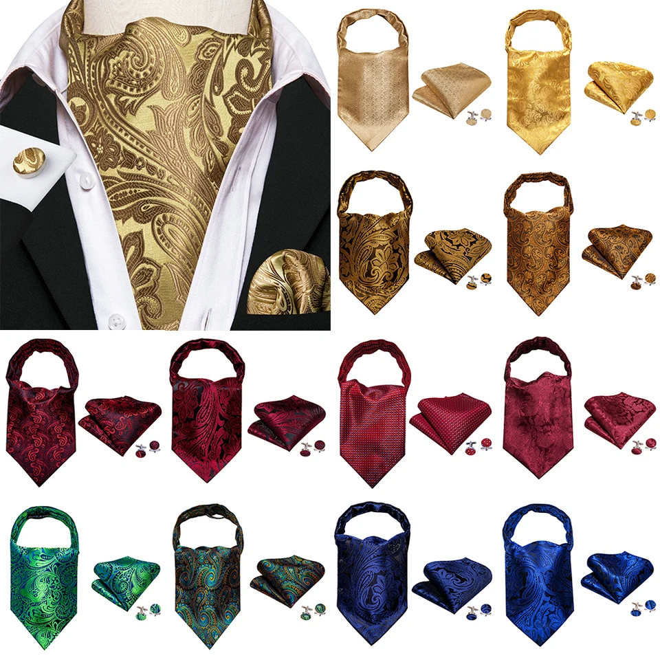 Brown Men hodvábny askoat kravata s vreckovým štvorcovým manžetovým súpravám klasický Paisley Jacquard Cravat Business Party Designer Barry.Wang