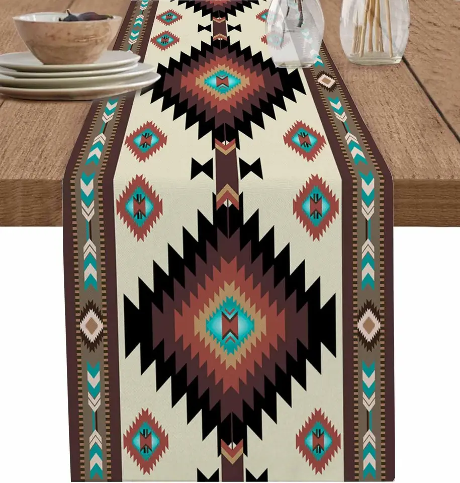 Brown Teal Southwest Linen Runner Runner Western Geometric Abstrakt Etnický komoda Šálový stôl dekor domáci stravovací večierok dekorácia