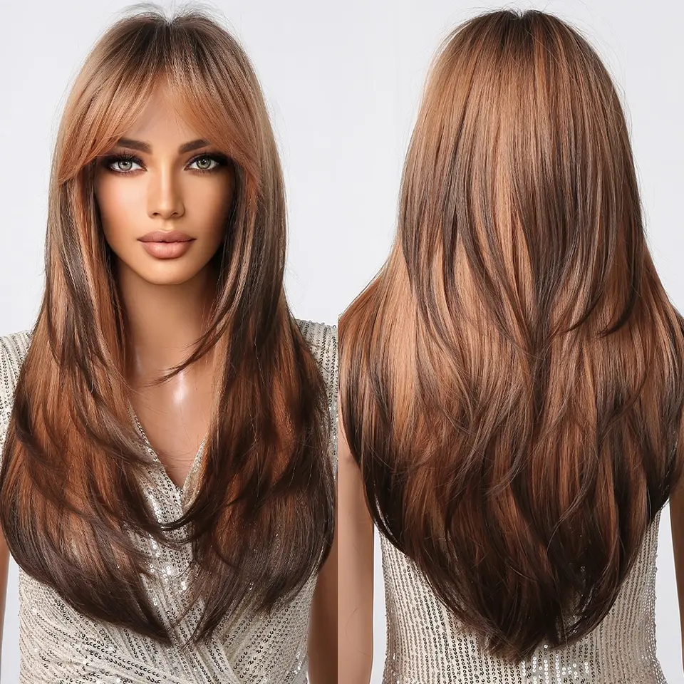 Brown to Light Ash Brown Blonde Parochňa s treskami vrstvené syntetické parochne pre ženy dlhé prírodné vlasové večierky