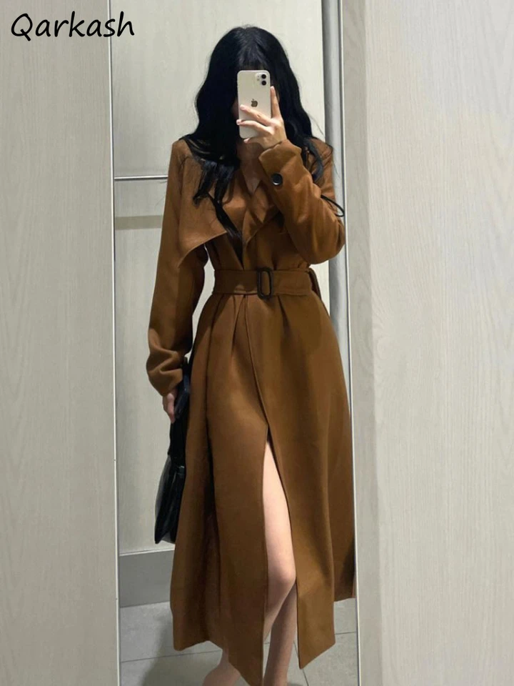 Brown Trench Ženy Belt temperament dlhé jesenné odevy All-Match Simple High Street Retro retro nakreslenie kórejského štýlu Chic
