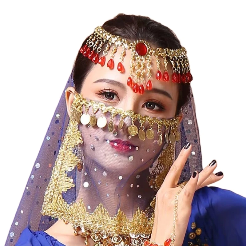 Brušná tanečná tvár závoj s mincami Halloween Cosplay závoj napoly tvár Veil Party Scarf Dance Tribal Face pre ženy dievčatá