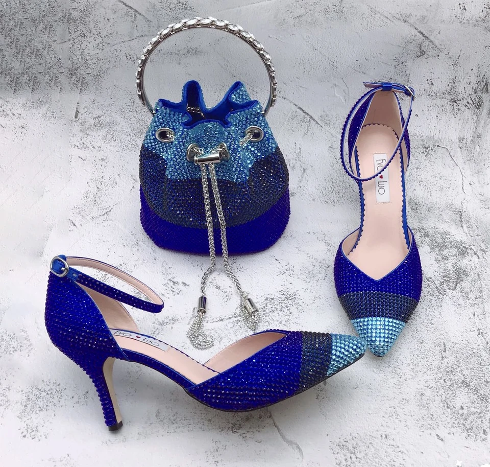 BS1736 Luxusný Shinning Custom Hand vyrábanie Royal Blue Blue Shinestone Africké ženy Nigérijské talianske topánky a tašku