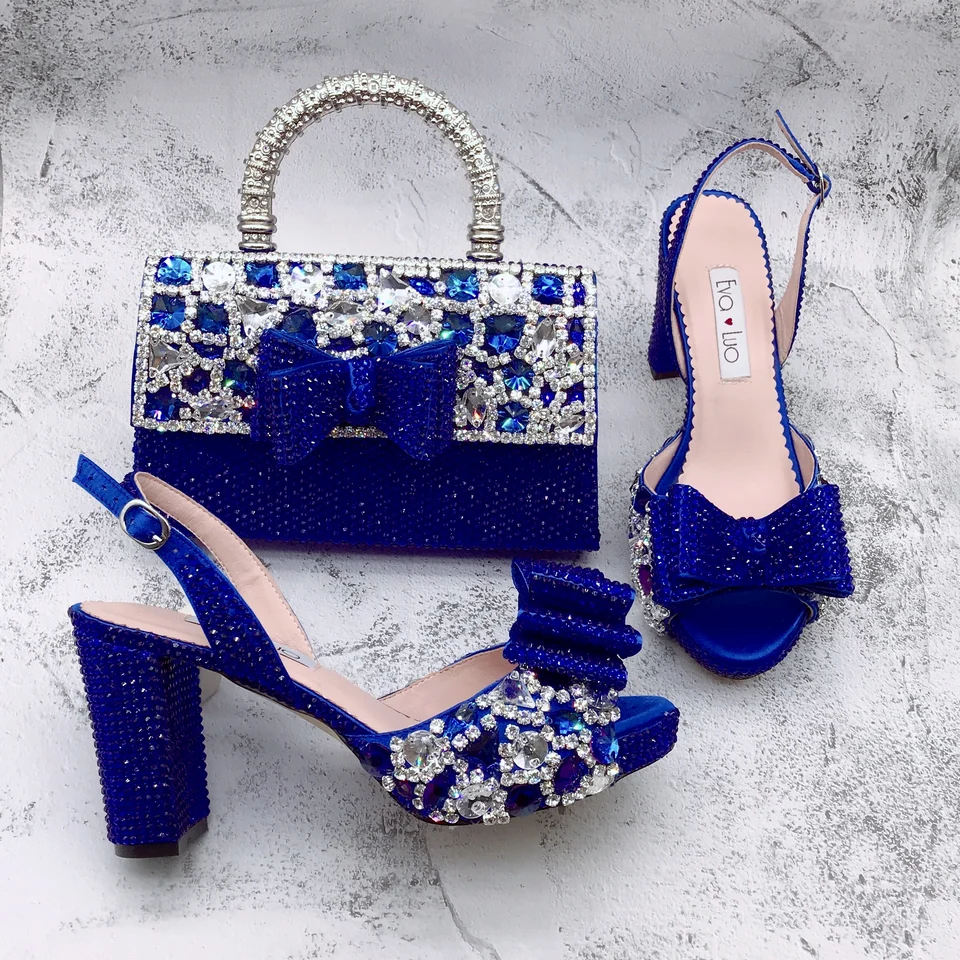 BS1737 Luxury Shinning Custom Made Royal Blue Crystal Shinestone Nigérijské talianske topánky a tašku nastavené na svadobnú hostinu narodeniny