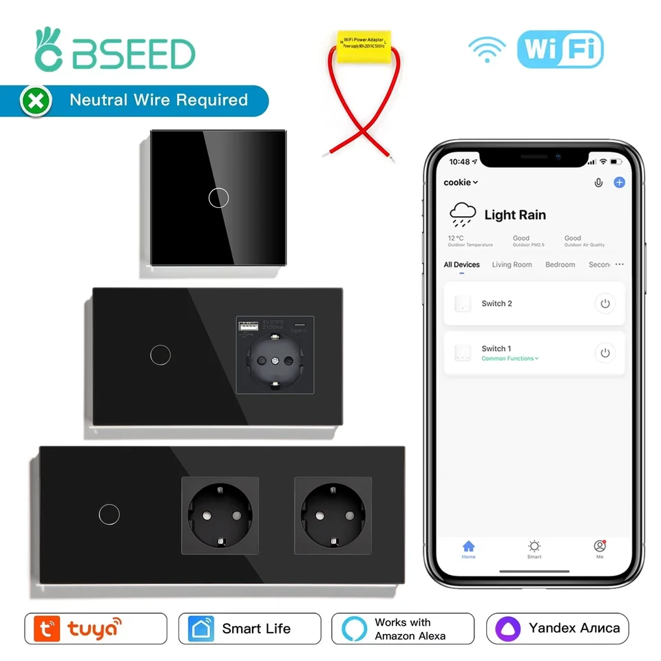 BSEED 1/2/3Gang WiFi Touch Light prepínač TUYA SMART LIFE Alexa Aplikácia s zásuvkami EÚ Power USB Ports kondenzátor zahrnula čierna