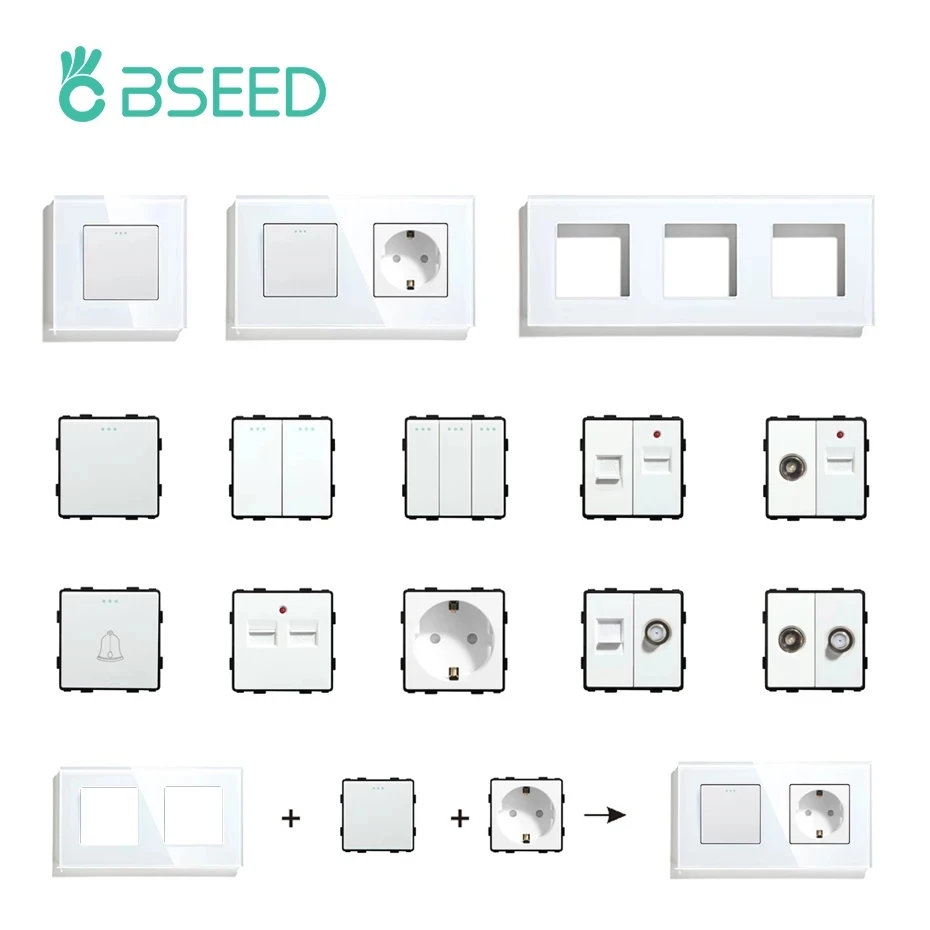 BSEED Biely spínače zásuvky DIY Modul diely sklenené rámy funkčný kľúč pre televíziu Tel USB ST HD Power Socket Free Monules Moduly