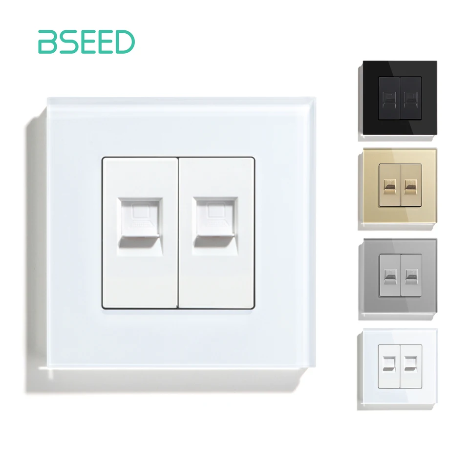 BSEED Dvojitá siete CAT5 Data Data Internet internet RJ45 CAT6 PC SLETUM Outlet EU Štandardný sklenený sklenený panel biely čierny zlatý